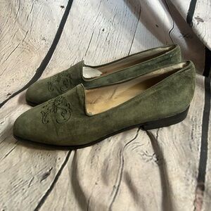 Country Road Australia Womens Olive Green Embroidered Leather Suede Loafers Sz8